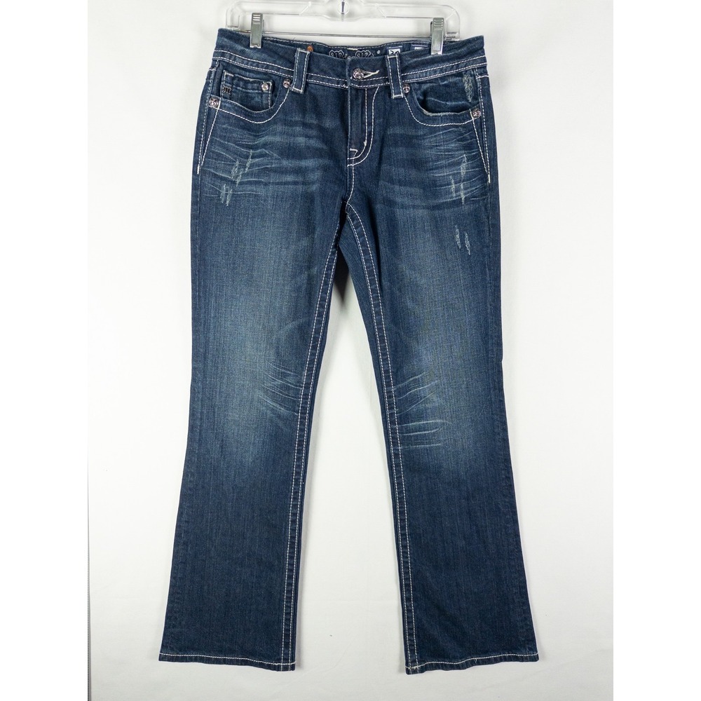 Miss Me Boot Cut Jeans Womens 30 Dark Wash Fleur de Lis Embroidered Rhinestone Y